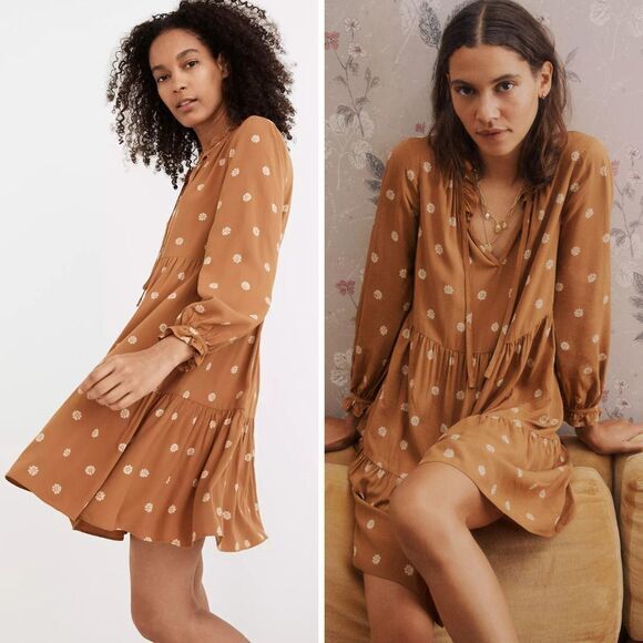 NEW Madewell Tie-Neck Tiered Mini Dress in Bloom Dot, ND169, XL - Picture 1 of 16